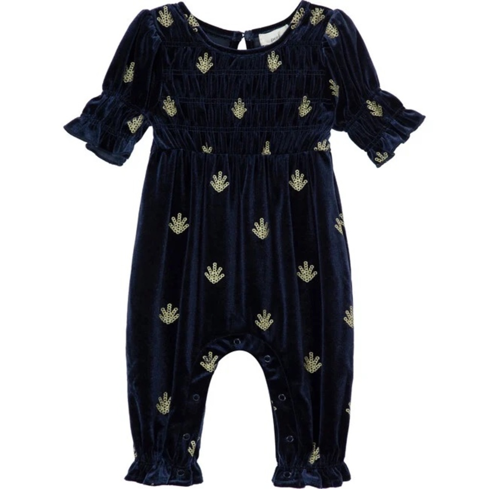 Peek | Glitter Tree Beddeck Smocked Sleeve Velour Jumpsuit